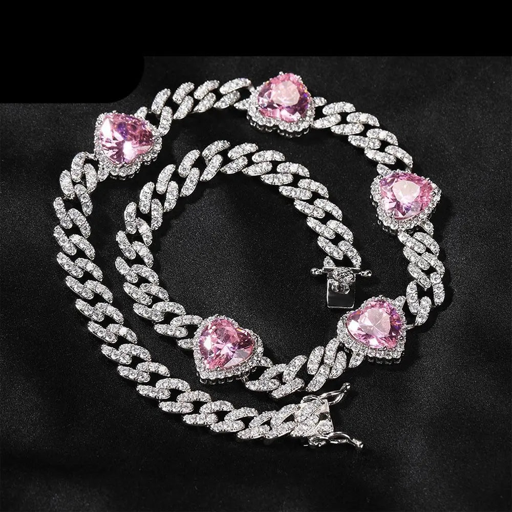 Heart Diamond Necklace Hip Hop 9MM Pink Zircon Cuban Chain - Blade & Thread