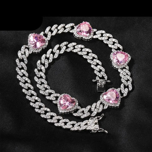 Heart Diamond Necklace Hip Hop 9MM Pink Zircon Cuban Chain - Blade & Thread