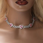 Heart Diamond Necklace Hip Hop 9MM Pink Zircon Cuban Chain nowadaysfashion