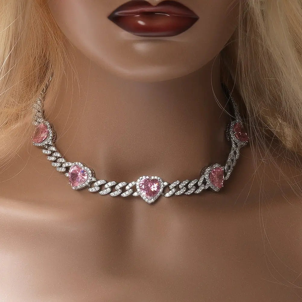 Heart Diamond Necklace Hip Hop 9MM Pink Zircon Cuban Chain nowadaysfashion