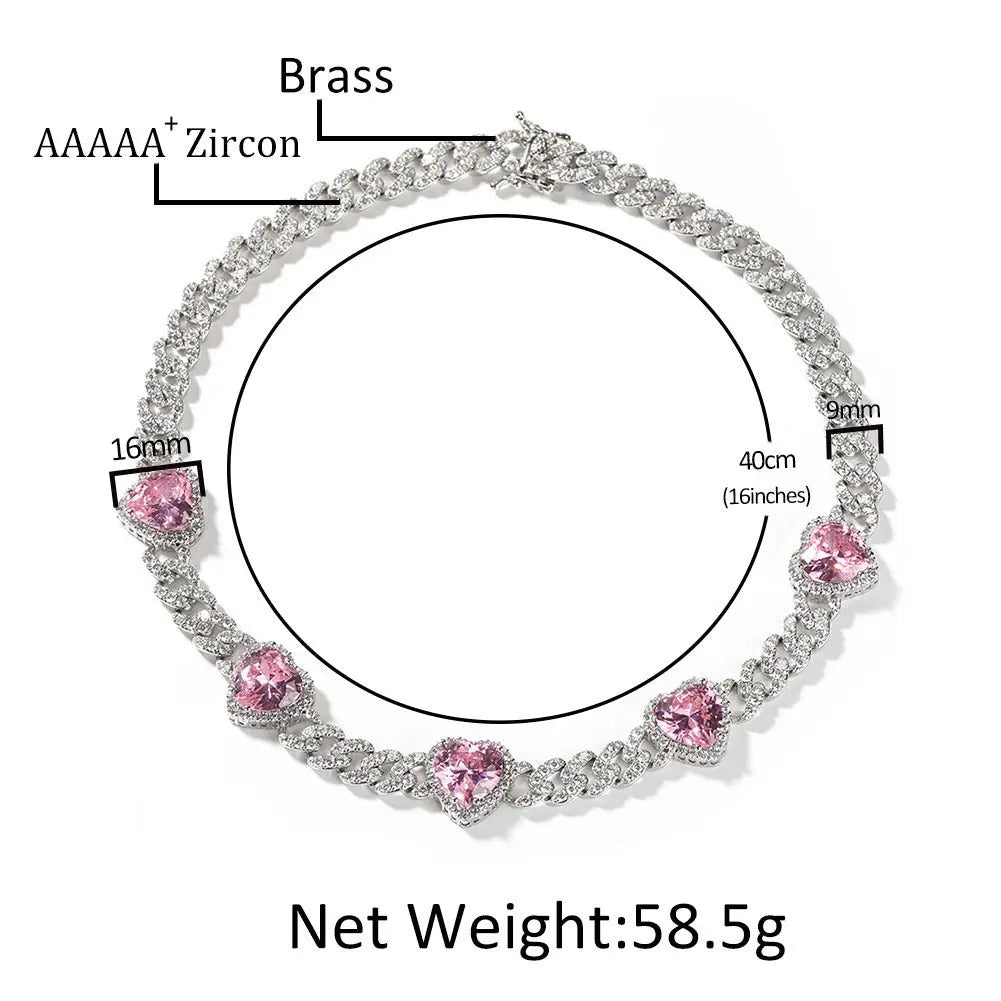 Heart Diamond Necklace Hip Hop 9MM Pink Zircon Cuban Chain nowadaysfashion