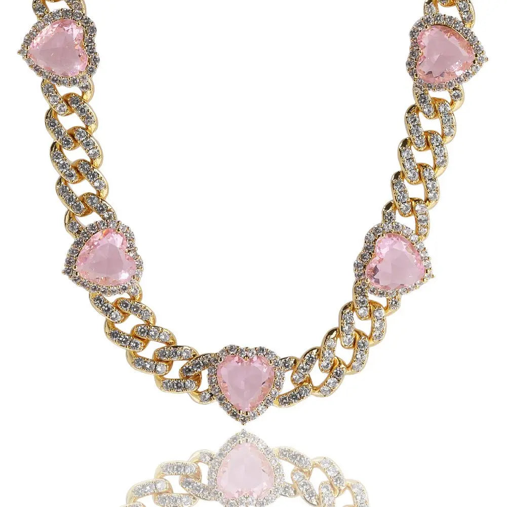 Heart Diamond Necklace Hip Hop 9MM Pink Zircon Cuban Chain - Blade & Thread
