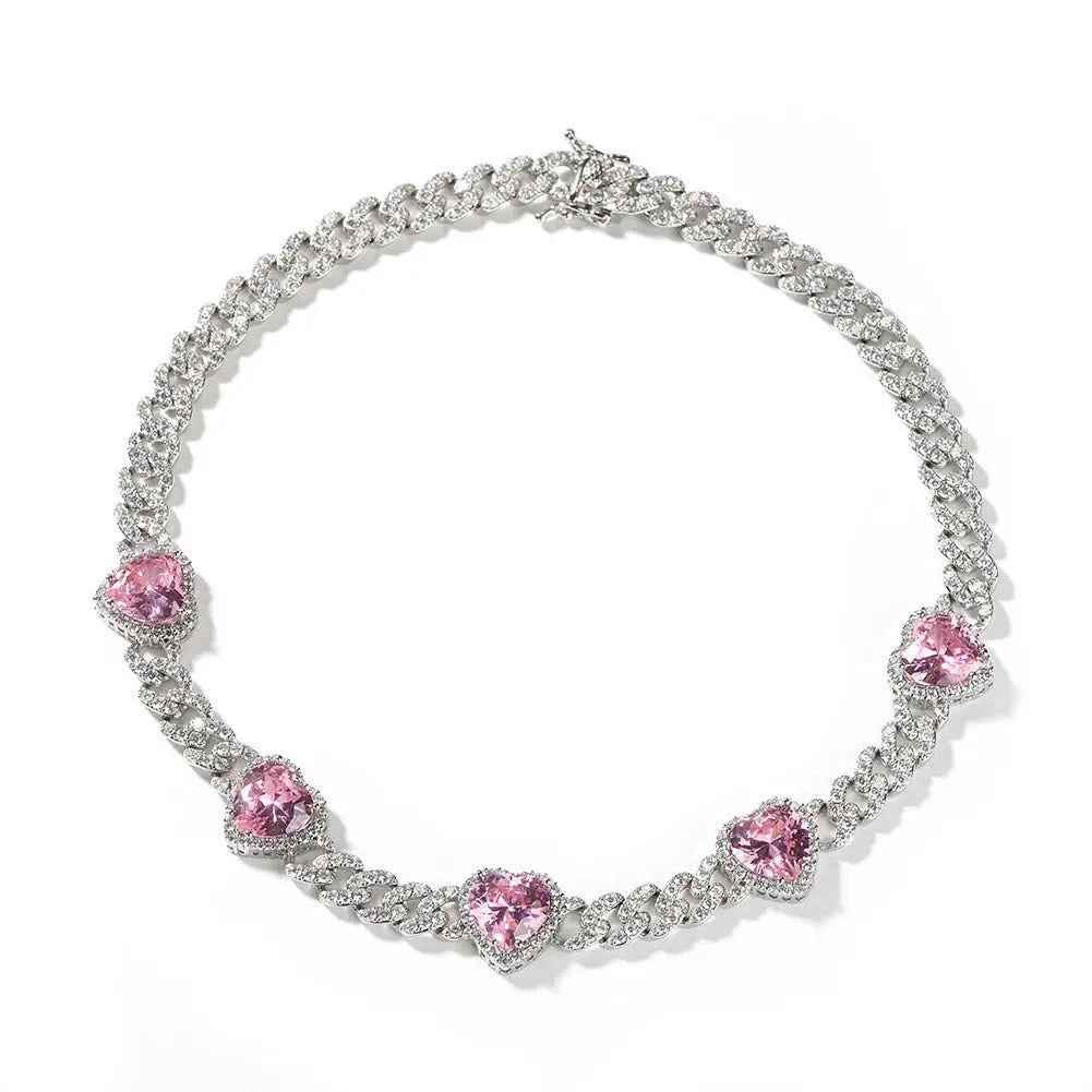 Heart Diamond Necklace Hip Hop 9MM Pink Zircon Cuban Chain - Blade & Thread