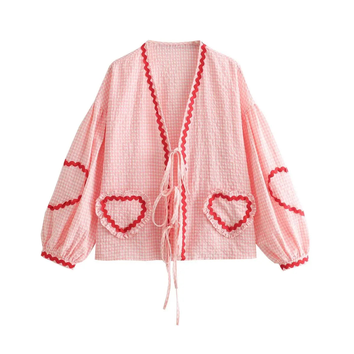 Heart Pockets Ladies V Neck Bow Buttons Blouses - Blade & Thread