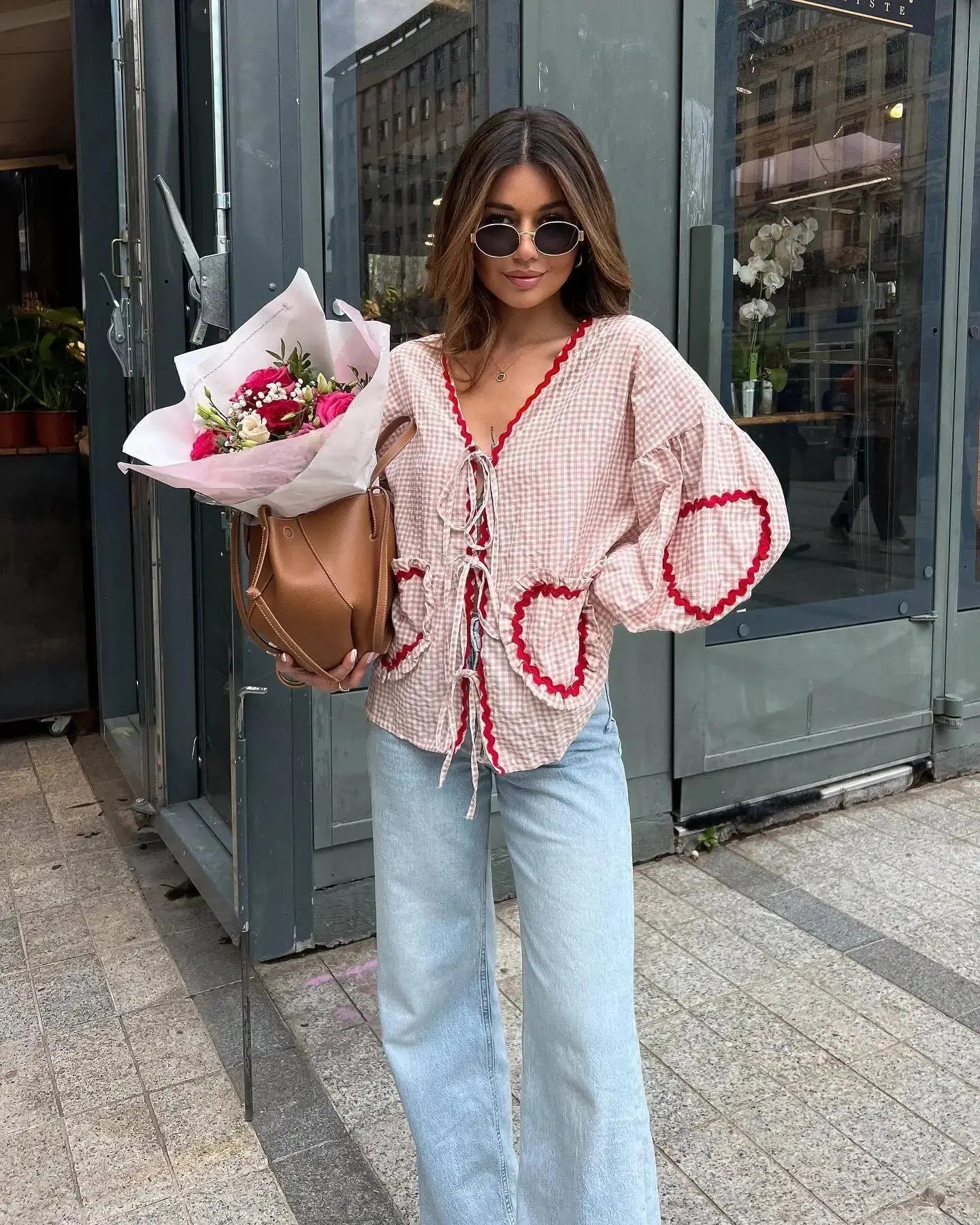 Heart Pockets Ladies V Neck Bow Buttons Blouses nowadaysfashion