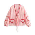 Heart Pockets Ladies V Neck Bow Buttons Blouses nowadaysfashion