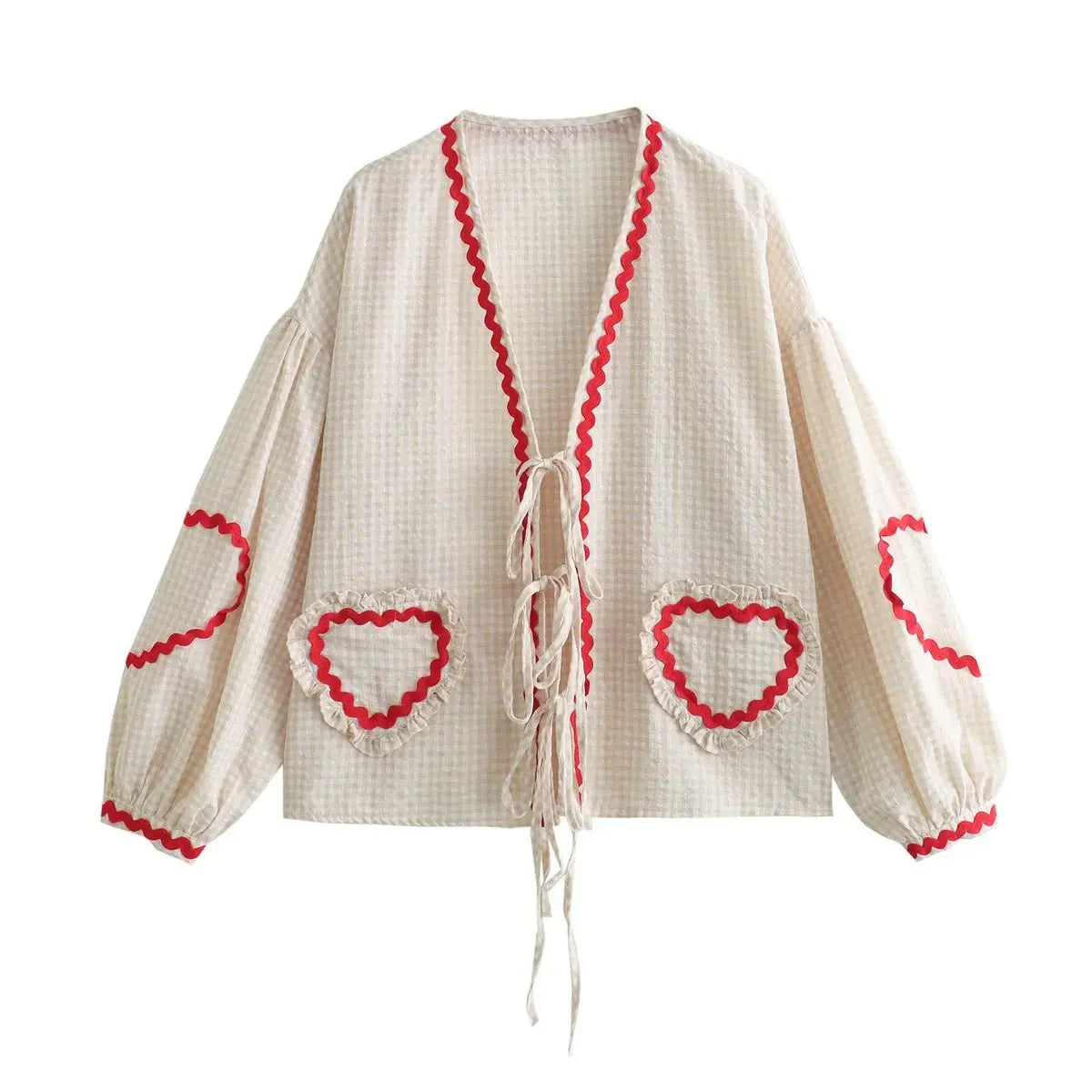 Heart Pockets Ladies V Neck Bow Buttons Blouses - Blade & Thread