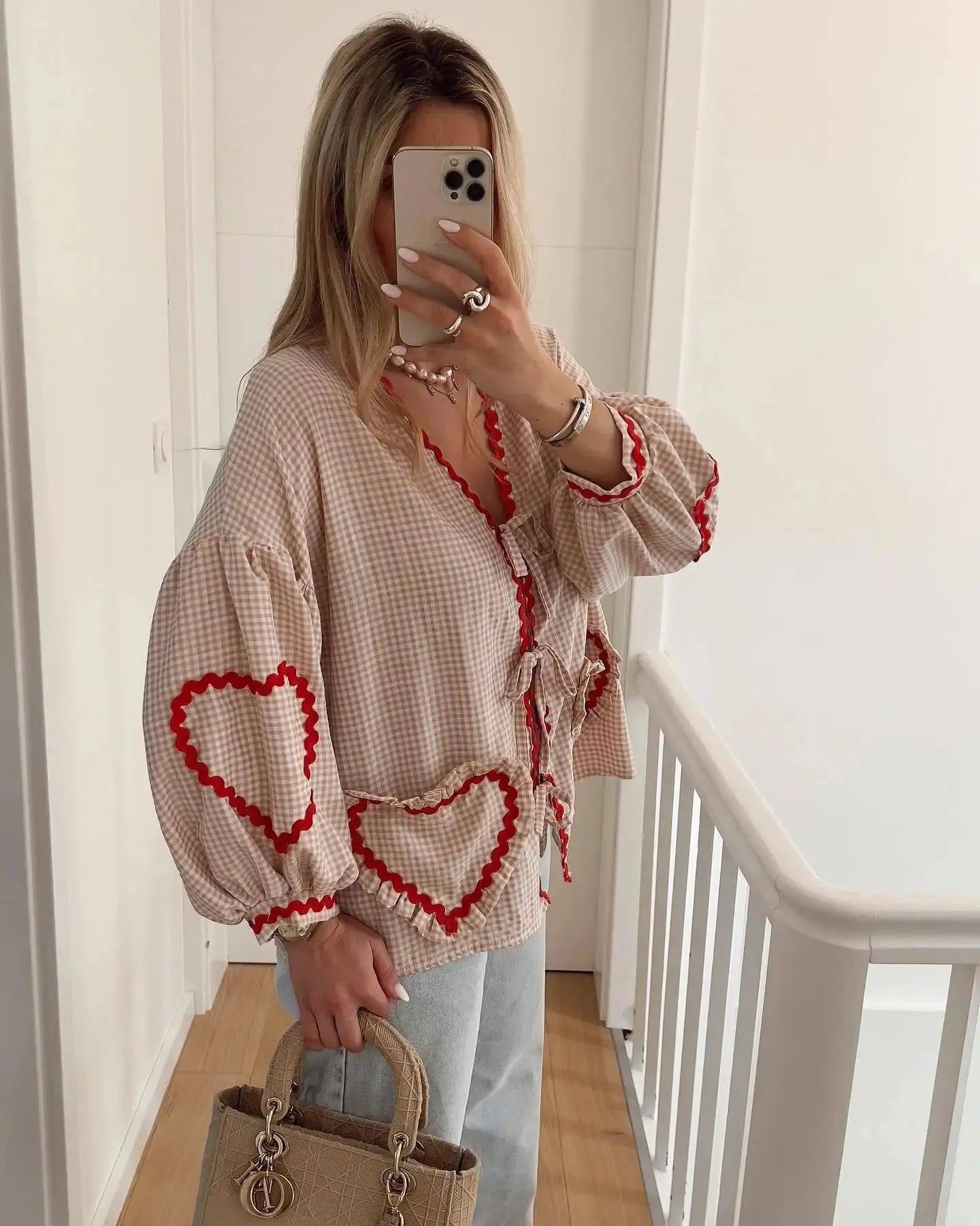 Heart Pockets Ladies V Neck Bow Buttons Blouses - Blade & Thread