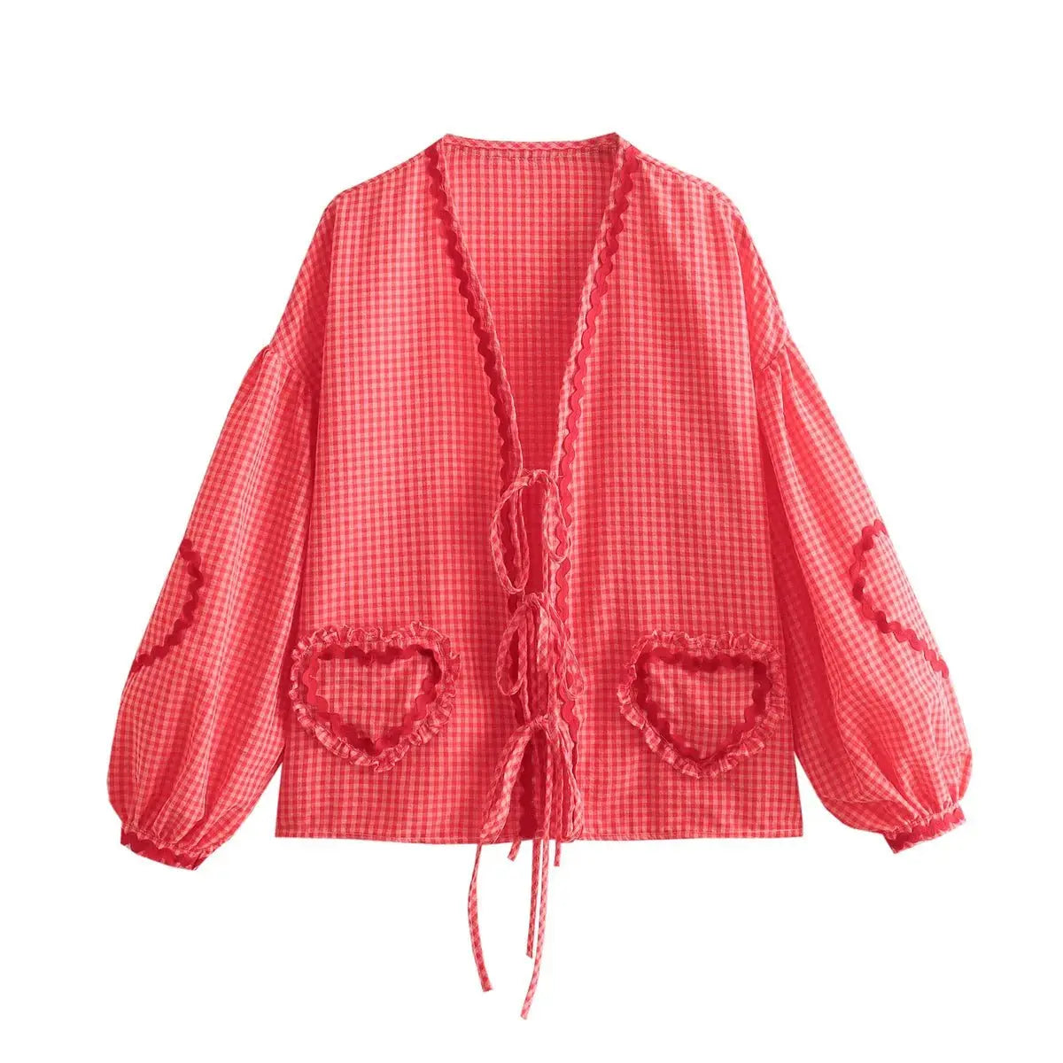Heart Pockets Ladies V Neck Bow Buttons Blouses - Blade & Thread