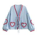 Heart Pockets Ladies V Neck Bow Buttons Blouses nowadaysfashion