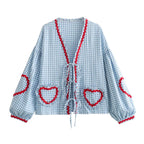 Heart Pockets Ladies V Neck Bow Buttons Blouses nowadaysfashion