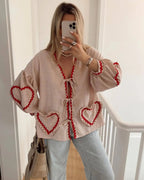 Heart Pockets Ladies V Neck Bow Buttons Blouses nowadaysfashion
