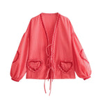 Heart Pockets Ladies V Neck Bow Buttons Blouses nowadaysfashion