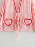 Heart Pockets Ladies V Neck Bow Buttons Blouses nowadaysfashion