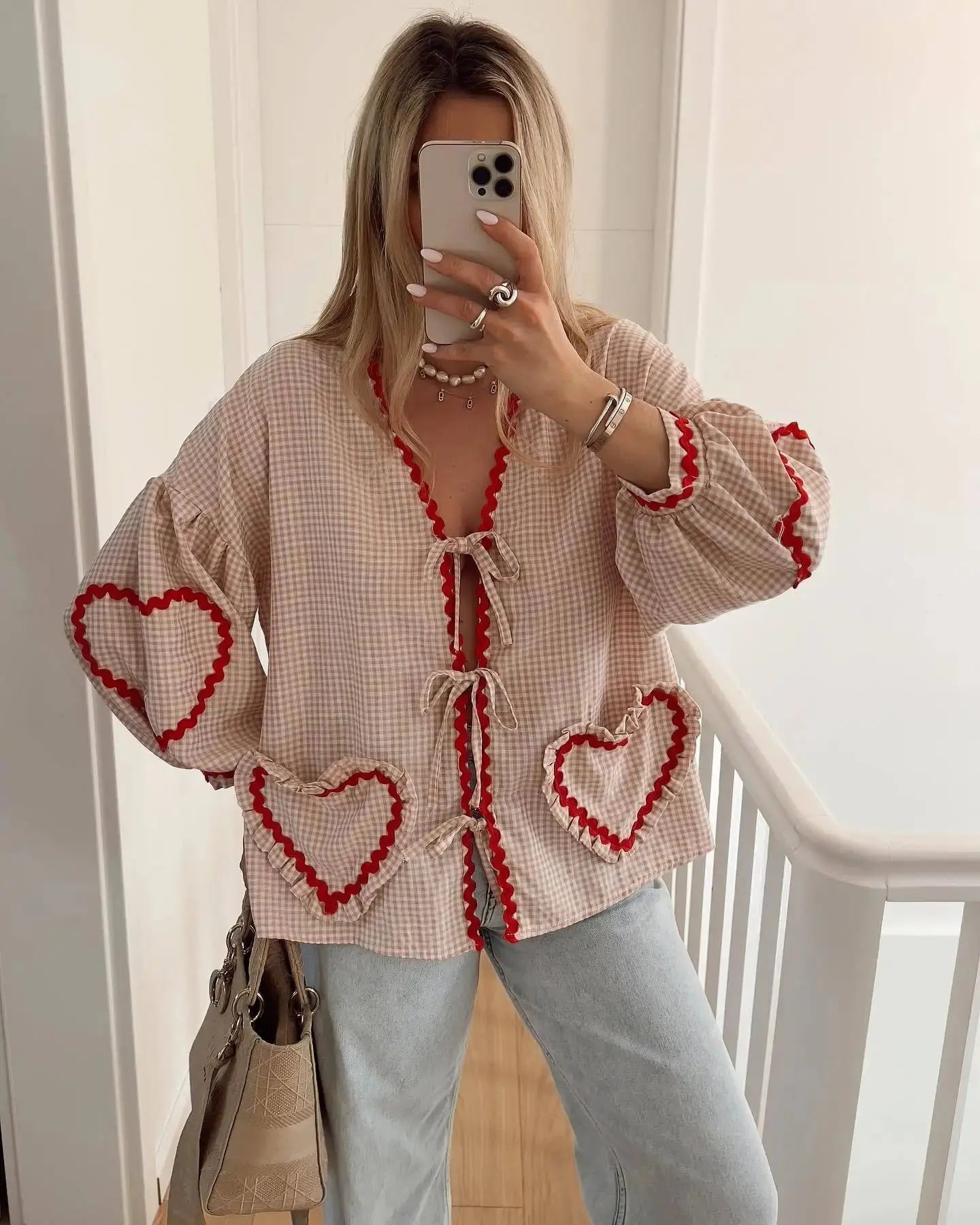 Heart Pockets Ladies V Neck Bow Buttons Blouses nowadaysfashion