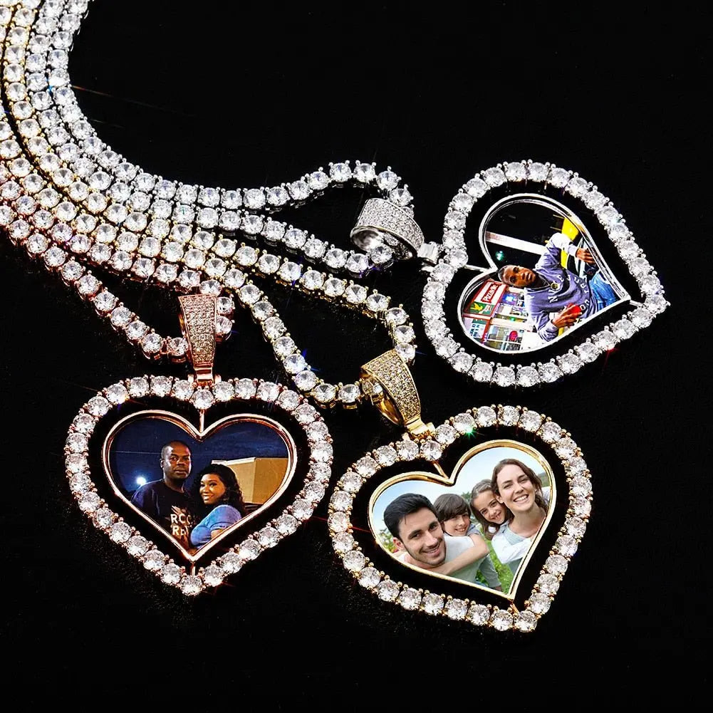 Heart Shaped Custom Photo Spin Double Sided Medallion Pendant Necklace Hip Hop Jewelry - Blade & Thread