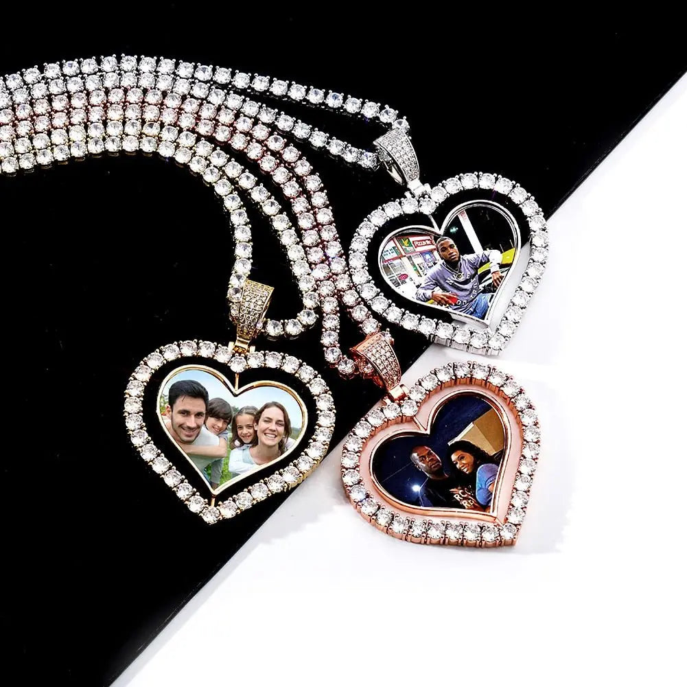 Heart Shaped Custom Photo Spin Double Sided Medallion Pendant Necklace Hip Hop Jewelry - Blade & Thread