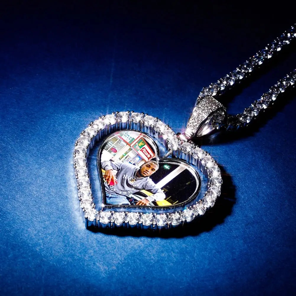 Heart Shaped Custom Photo Spin Double Sided Medallion Pendant Necklace Hip Hop Jewelry nowadaysfashion