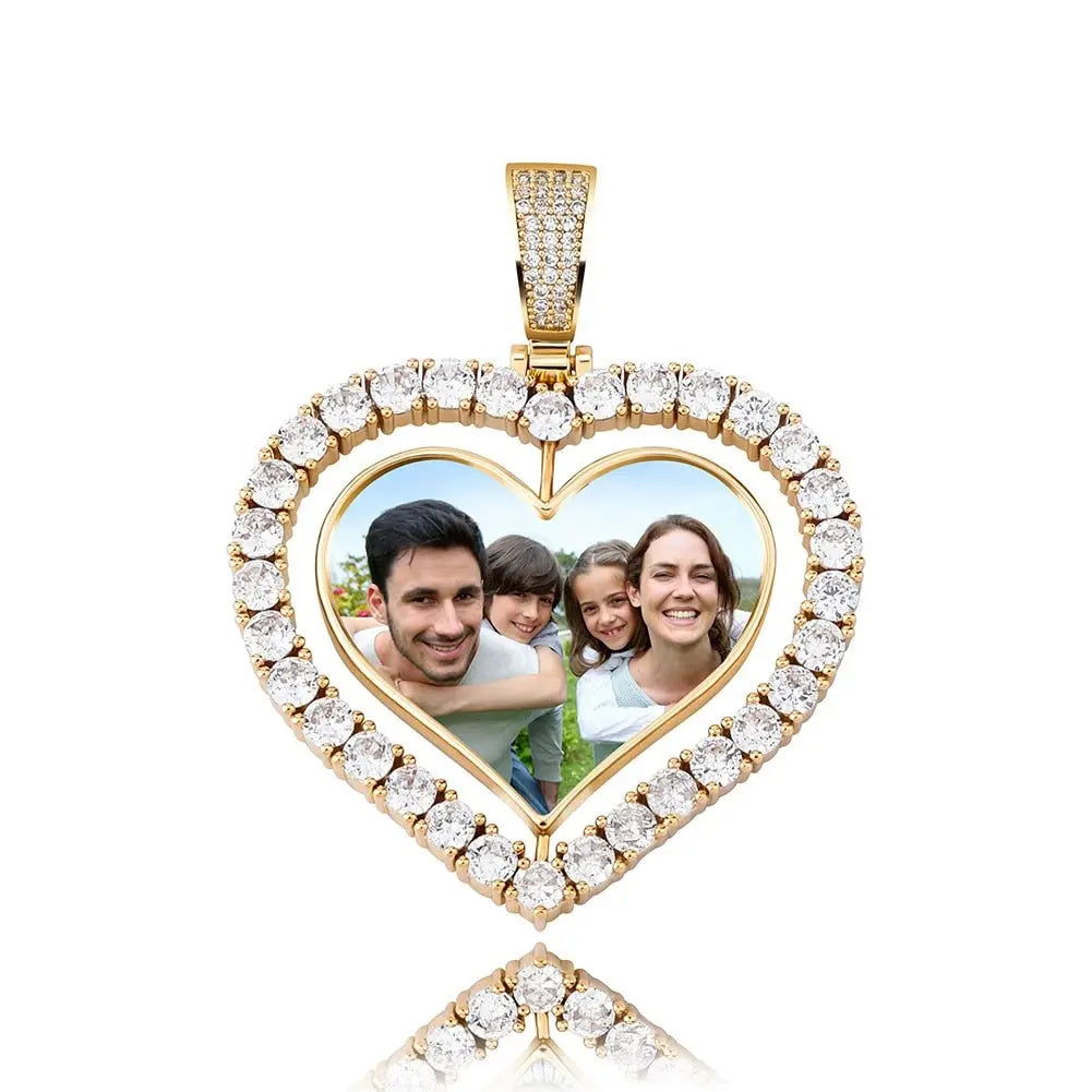 Heart Shaped Custom Photo Spin Double Sided Medallion Pendant Necklace Hip Hop Jewelry - Blade & Thread