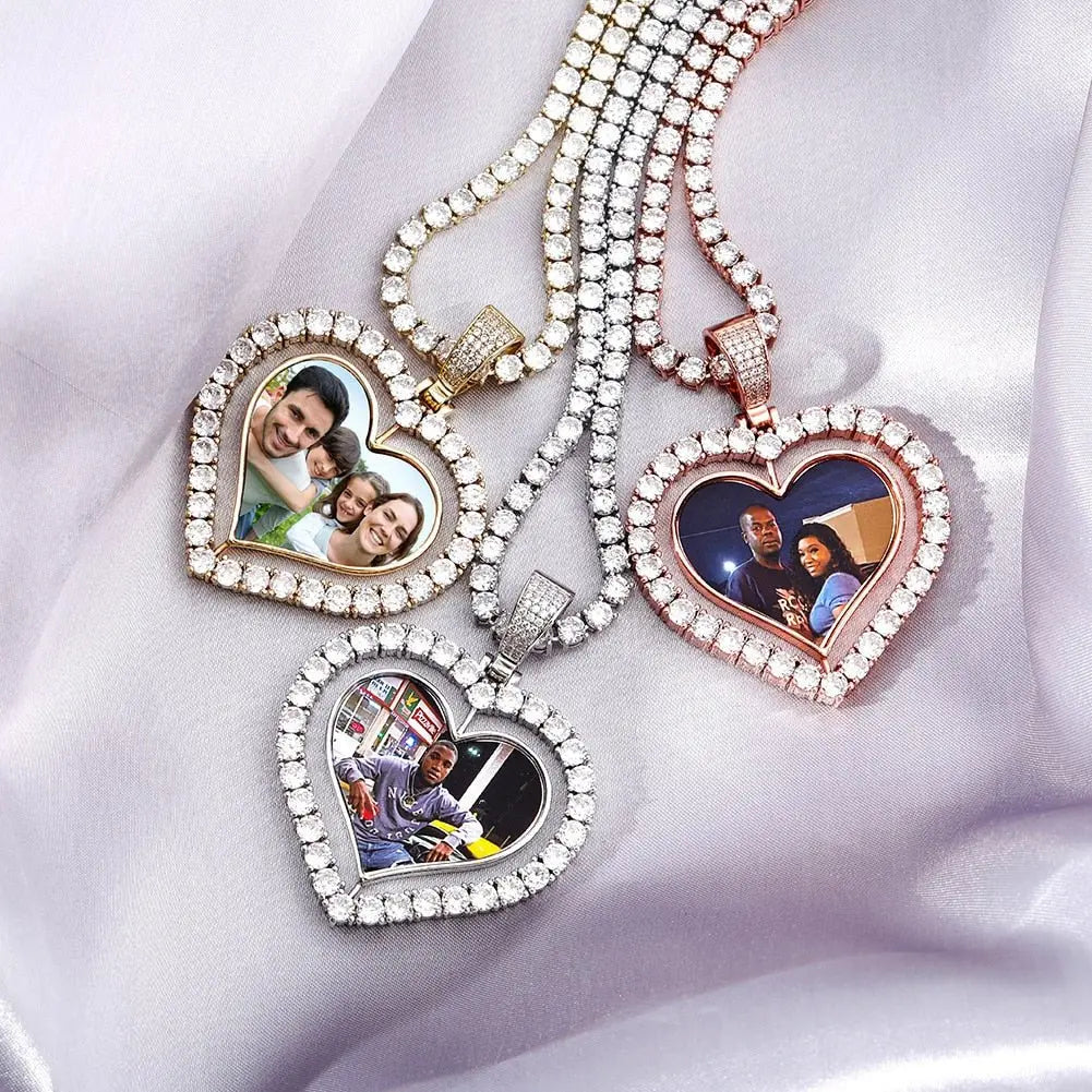 Heart Shaped Custom Photo Spin Double Sided Medallion Pendant Necklace Hip Hop Jewelry - Blade & Thread