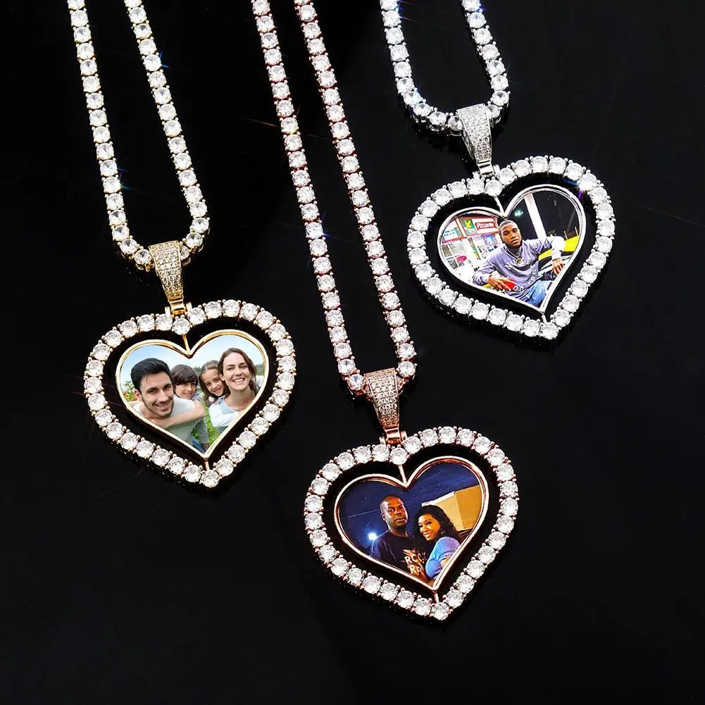 Heart Shaped Custom Photo Spin Double Sided Medallion Pendant Necklace Hip Hop Jewelry - Blade & Thread