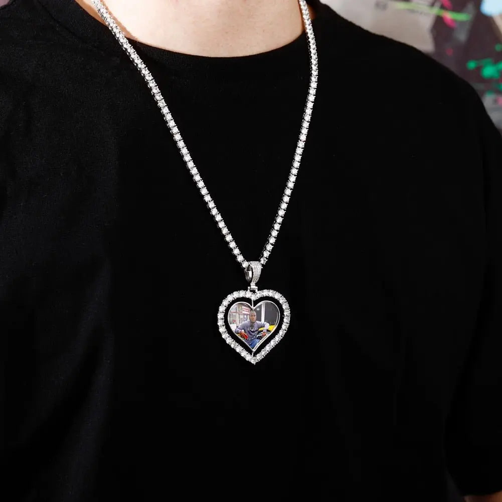 Heart Shaped Custom Photo Spin Double Sided Medallion Pendant Necklace Hip Hop Jewelry - Blade & Thread