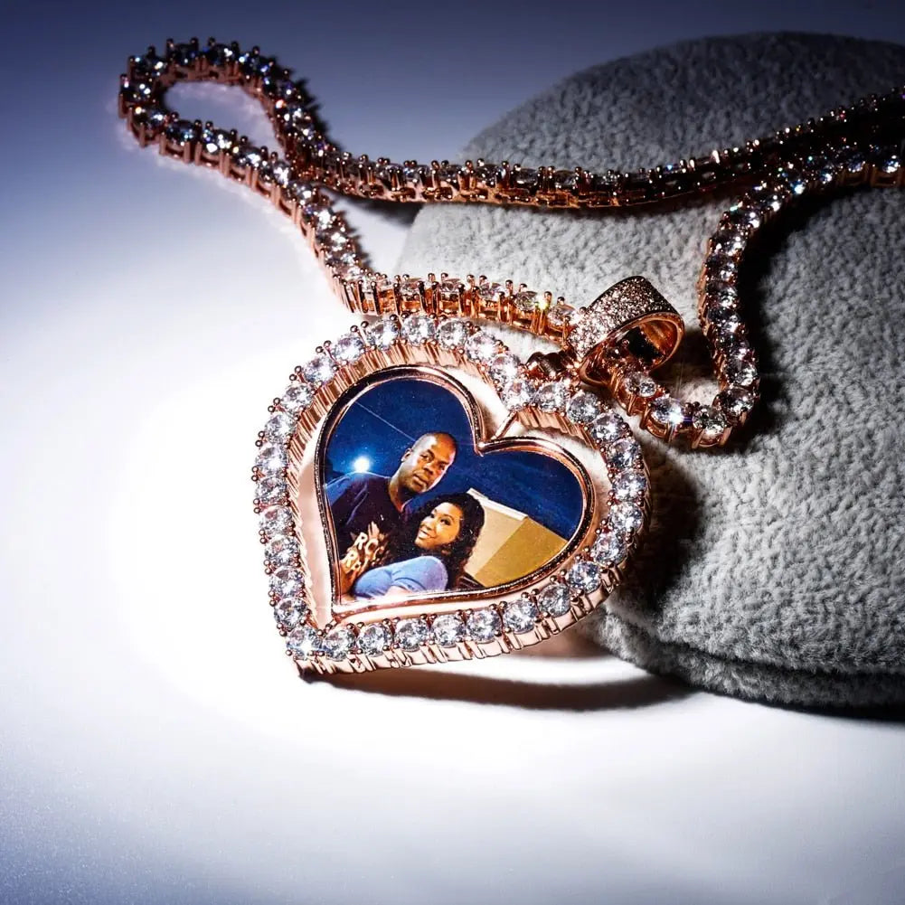 Heart Shaped Custom Photo Spin Double Sided Medallion Pendant Necklace Hip Hop Jewelry - Blade & Thread