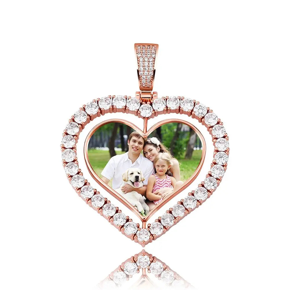 Heart Shaped Custom Photo Spin Double Sided Medallion Pendant Necklace Hip Hop Jewelry - Blade & Thread