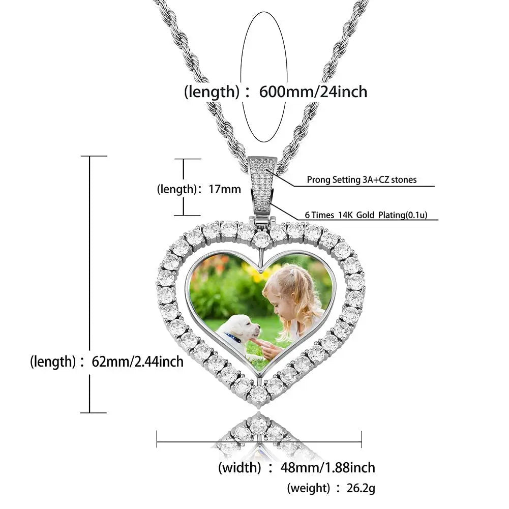Heart Shaped Custom Photo Spin Double Sided Medallion Pendant Necklace Hip Hop Jewelry - Blade & Thread