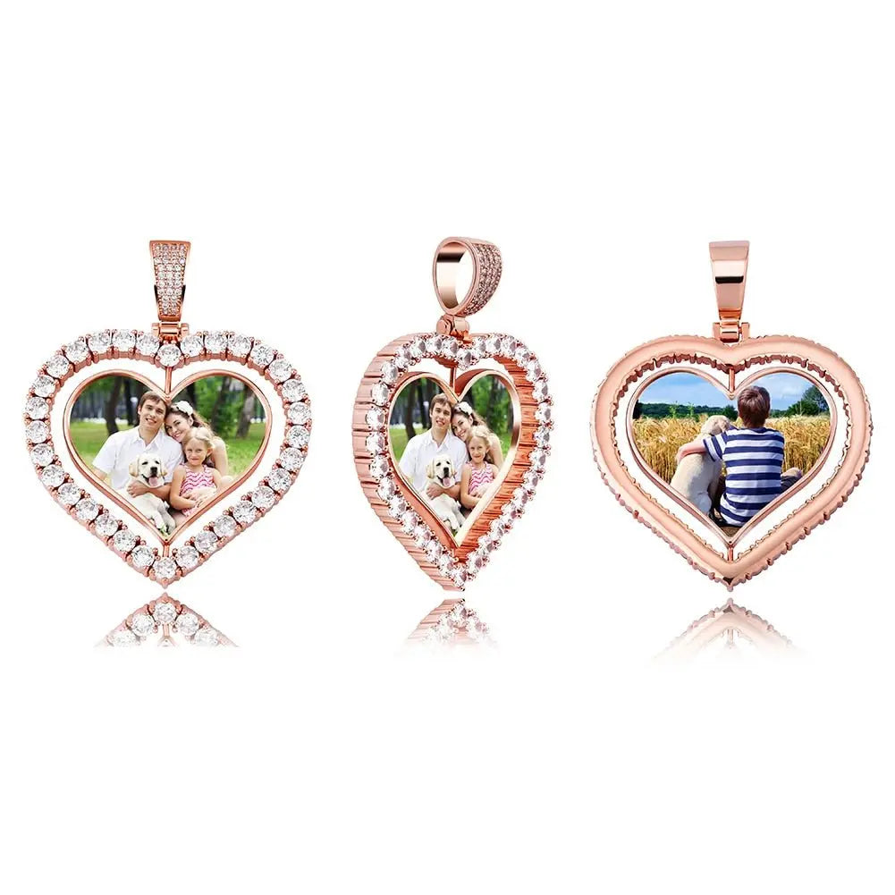 Heart Shaped Custom Photo Spin Double Sided Medallion Pendant Necklace Hip Hop Jewelry nowadaysfashion