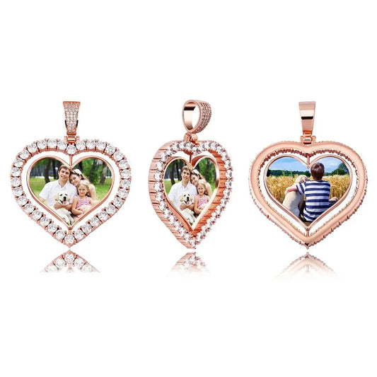 Heart Shaped Custom Photo Spin Double Sided Medallion Pendant Necklace Hip Hop Jewelry - Blade & Thread