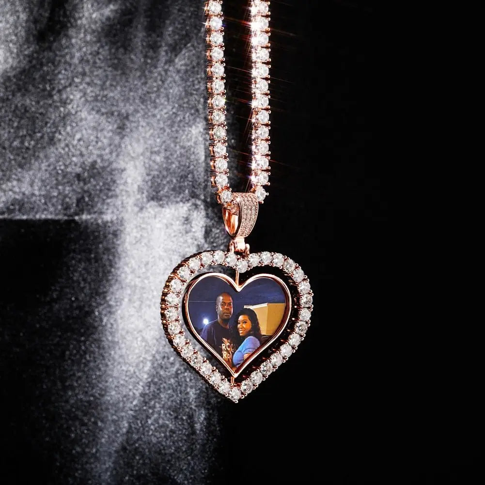 Heart Shaped Custom Photo Spin Double Sided Medallion Pendant Necklace Hip Hop Jewelry - Blade & Thread
