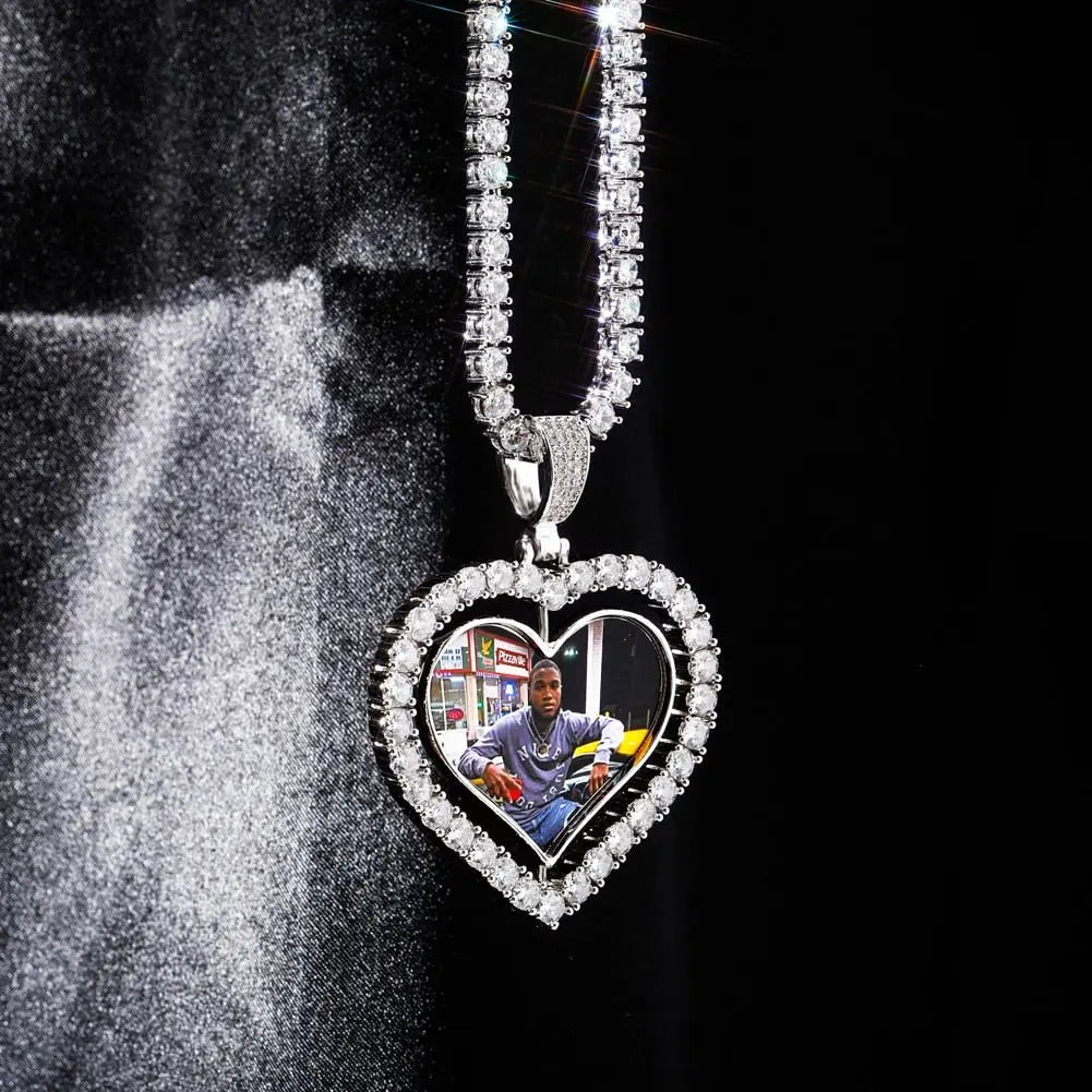Heart Shaped Custom Photo Spin Double Sided Medallion Pendant Necklace Hip Hop Jewelry nowadaysfashion