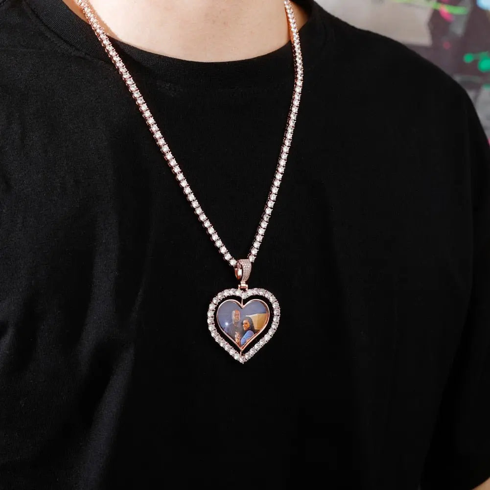 Heart Shaped Custom Photo Spin Double Sided Medallion Pendant Necklace Hip Hop Jewelry - Blade & Thread