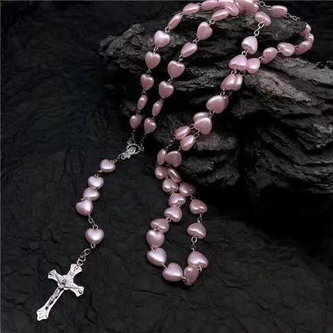 Heart-shaped pink rosary necklace - Blade & Thread