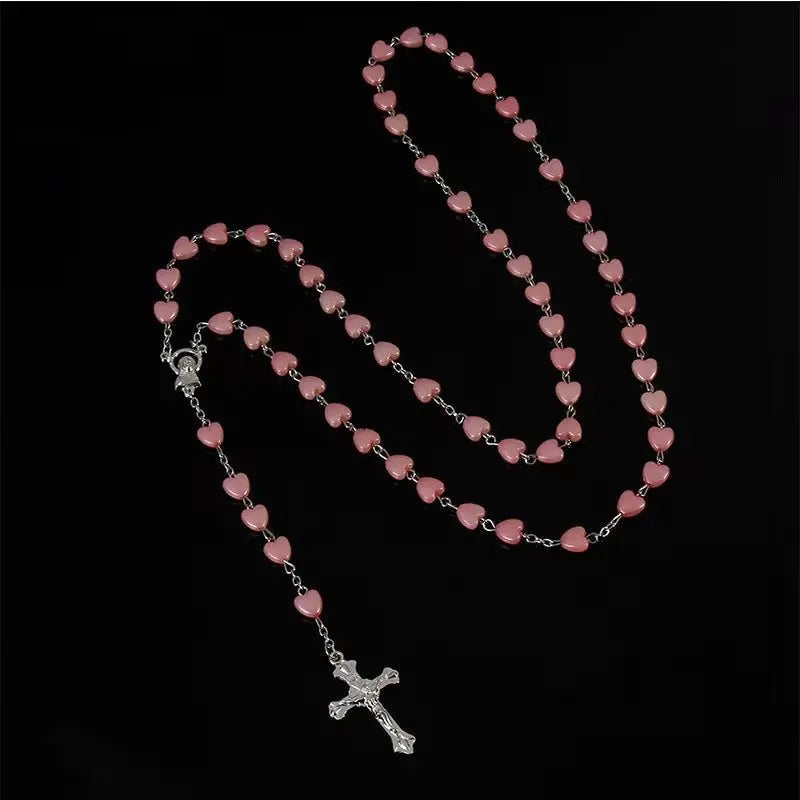 Heart-shaped pink rosary necklace - Blade & Thread