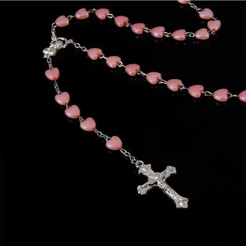 Heart-shaped pink rosary necklace - Blade & Thread