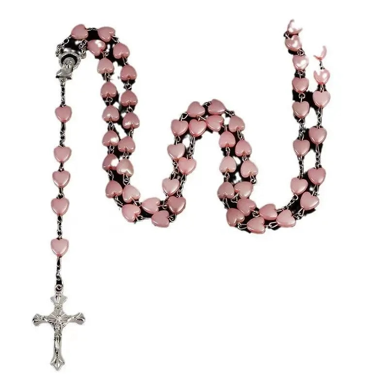 Heart-shaped pink rosary necklace - Blade & Thread