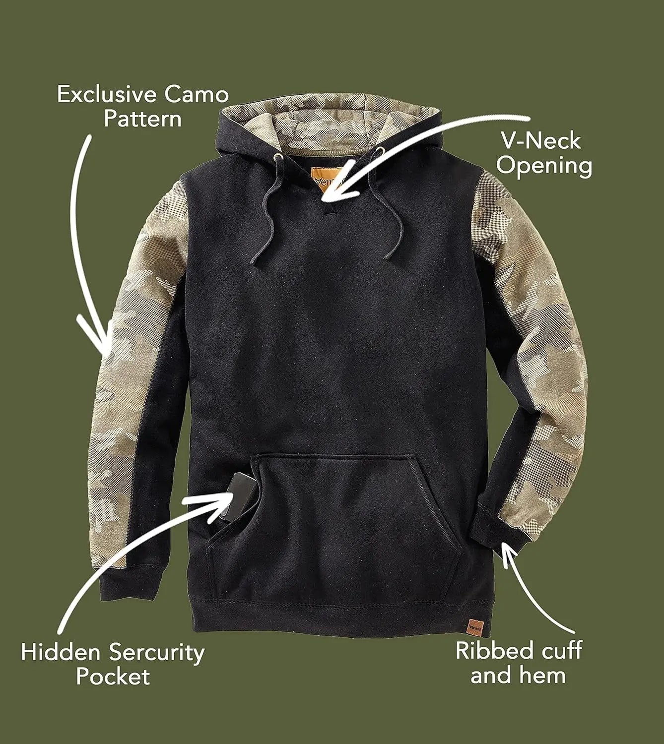 Heavyweight Camo Hoodie for Men - Hidden Security Pocket | V-Neck Opening - Blade & Thread