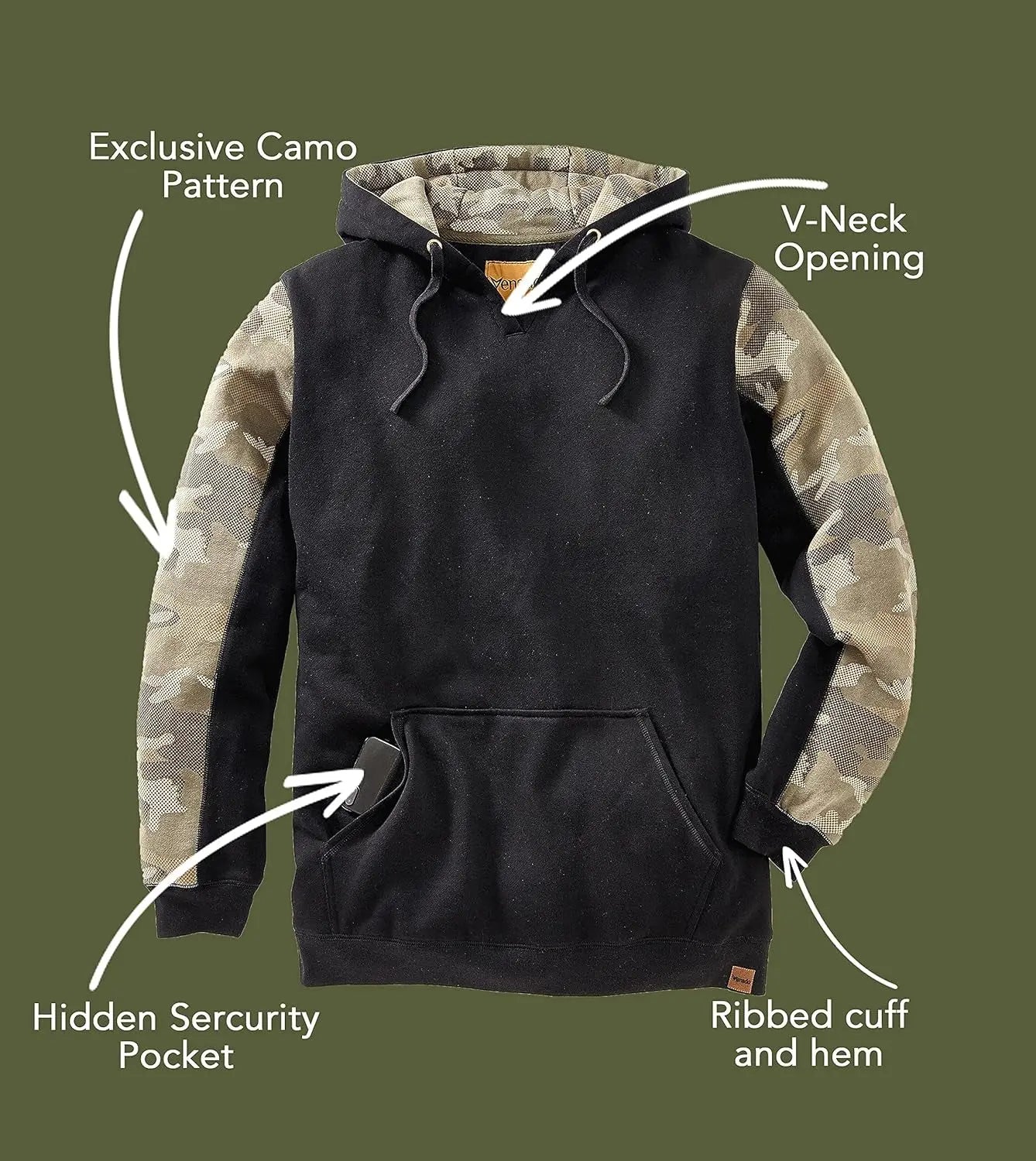 Heavyweight Camo Hoodie for Men - Hidden Security Pocket | V-Neck Opening Blade & Thread