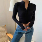 High Neck Zipper Front Knitted Sweater Women Solid Basic Cropped Pullover nowadaysfashion