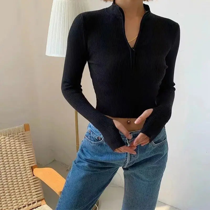 High Neck Zipper Front Knitted Sweater Women Solid Basic Cropped Pullover nowadaysfashion