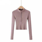 High Neck Zipper Front Knitted Sweater Women Solid Basic Cropped Pullover nowadaysfashion
