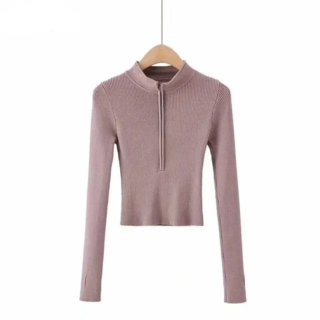 High Neck Zipper Front Knitted Sweater Women Solid Basic Cropped Pullover nowadaysfashion