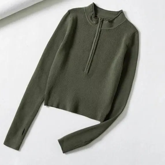 High Neck Zipper Front Knitted Sweater Women Solid Basic Cropped Pullover nowadaysfashion