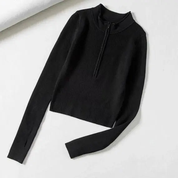 High Neck Zipper Front Knitted Sweater Women Solid Basic Cropped Pullover nowadaysfashion