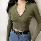 High Neck Zipper Front Knitted Sweater Women Solid Basic Cropped Pullover nowadaysfashion
