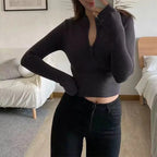 High Neck Zipper Front Knitted Sweater Women Solid Basic Cropped Pullover nowadaysfashion