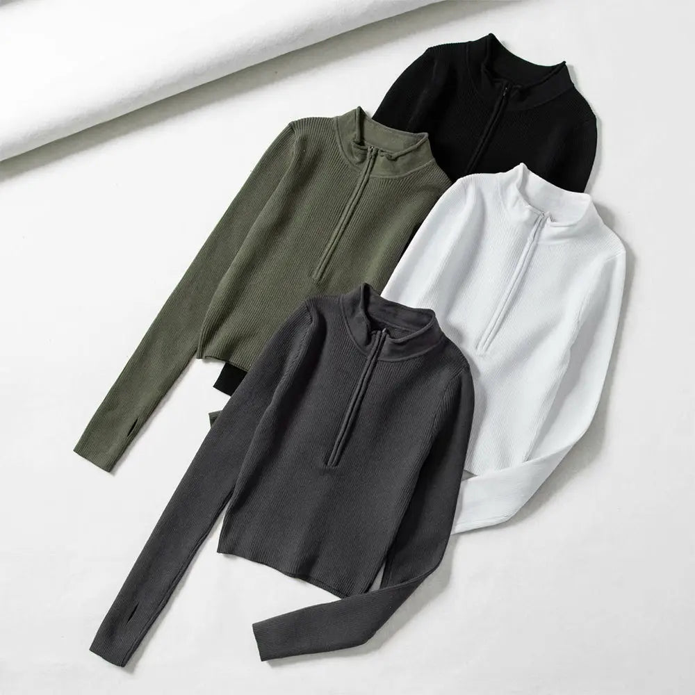 High Neck Zipper Front Knitted Sweater Women Solid Basic Cropped Pullover nowadaysfashion