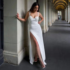 High Split Ankle-length Party Dresses Women Solid White Spaghetti Strap Dress Y2K nowadaysfashion